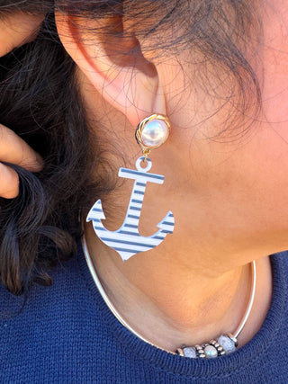 Navy and White Stripe Anchor Earrings