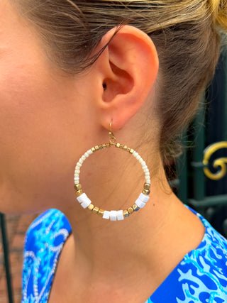 Cream and Gold Beaded Hoop Earrings