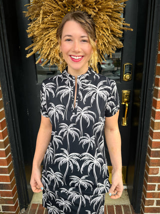 Beachtime by Lulu B Black and Stone Palms Short Sleeve Zip Top