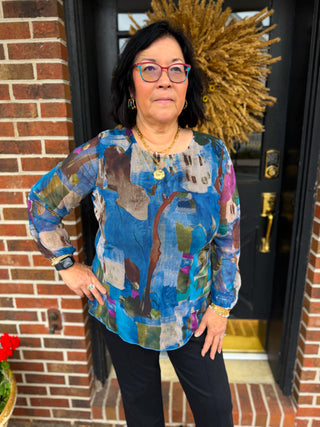 Tango Mango Blue Watercolor Abstract Blouse