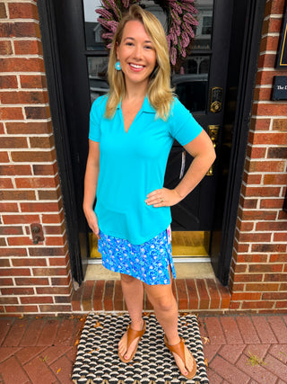 Lulu B Short Sleeve Collar Top Clear Turquoise