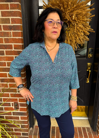 Beachtime by Lulu B Navy and Emerald Abstract Button Tunic