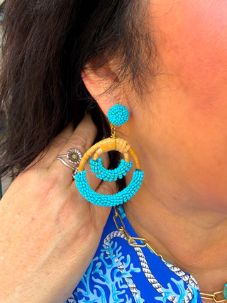 Seedbead & 2 Circle Rattan Earrings Blue