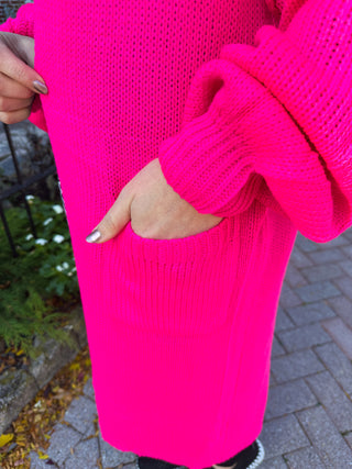 Vibrant Fuchsia Long Knit Cardigan with Pockets