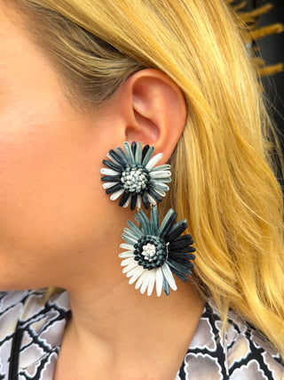 Raffia Black and White Flower Earrings