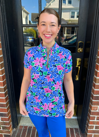 Beachtime by Lulu B Multi Floral Short Sleeve Zip Top