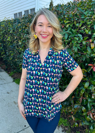 Lulu B Multicolor Cocktails Short Sleeve Collar Top