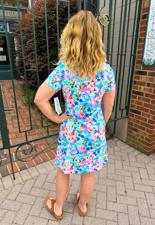 Lulu B Tropical Dragonfly Short Sleeve Quarter Zip Dress
