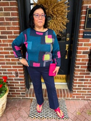 Olivia by Habitat Abstract Color Block Scoop Neck Sweater Teal