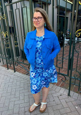 Tango Modern Blue Flower A-line Dress with Pockets