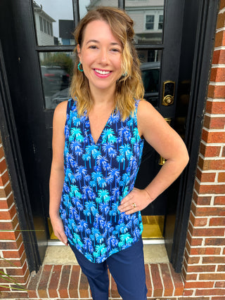 Beachtime by Lulu B Navy Multi Palm Sleeveless V-neck Tank
