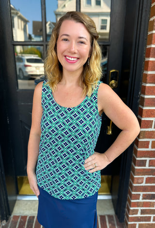 Lulu B Navy and Emerald Geometric Basic Tank