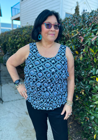 Lulu B Black and Turquoise Shell Sleeveless Cha Cha Tank