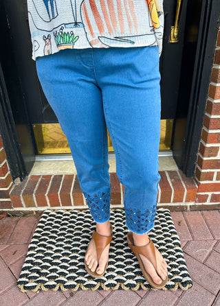 Lulu B Clear Denim Sparkle Flower Capri