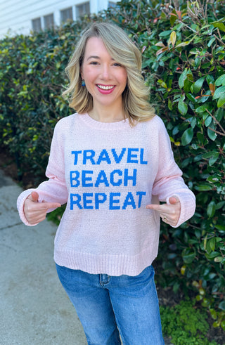 Cozy Travel Beach Repeat Pink Knit Sweater
