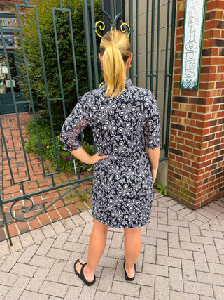 Beachtime by Lulu B Black Flower Power Short Sleeve Quarter Zip Pocket Dress