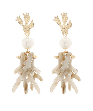 Acrylic Coral & Pearl Drop Earrings Cream