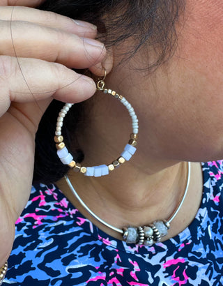 Cream and Gold Beaded Hoop Earrings