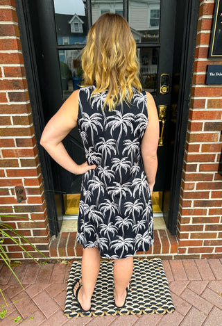 Beachtime by Lulu B Black and Stone Palms Sleeveless Quarter Zip Dress