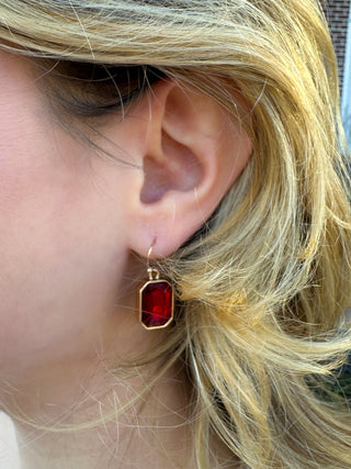 Gold and Red Crystal Rectangle Earrings