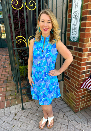 Beachtime by Lulu B Blue Multicolor Hearts Sleeveless Quarter Zip Dress