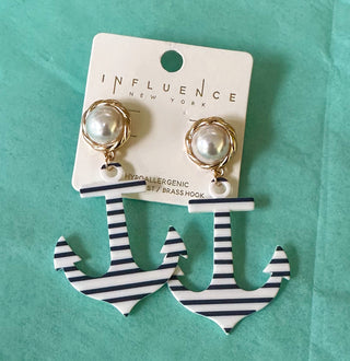 Navy and White Stripe Anchor Earrings