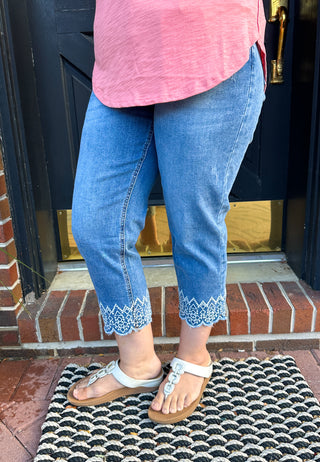 EverStretch Straight Capri with Bottom Embroidery Medium Denim