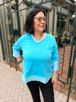 Lulu B Clear Turquoise Stripe Trim Button Back V-Neck Top