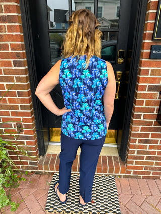 Beachtime by Lulu B Navy Multi Palm Sleeveless V-neck Tank