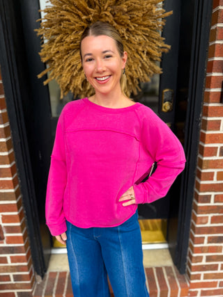 Escape by Habitat Fuchsia French Terry Raw Edge Boxy Pullover