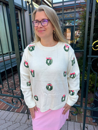 Ivory Wreath Sweater with Pink Bows