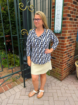 Lulu B Ruffle Neck Neutral Mosaic Top