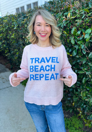 Cozy Travel Beach Repeat Pink Knit Sweater
