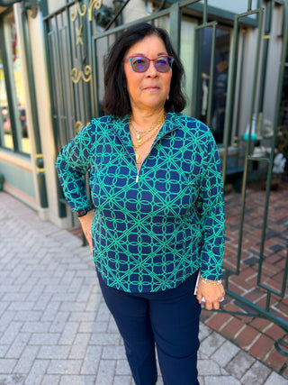 Lulu B Navy and Emerald Loops Quarter Zip Pullover