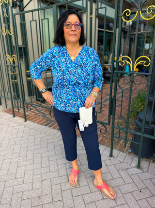 Lulu B Dark Blue Vine V-Neck 3/4 Sleeve Top