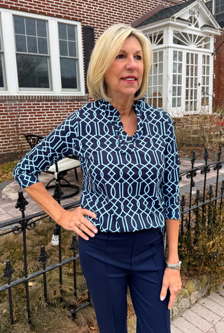 Lulu B Ruffle Neck Coastal Lattice Top