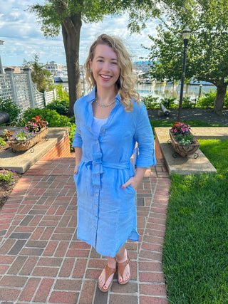 Lulu B Clear Periwinkle Button Down Linen Dress with Pockets