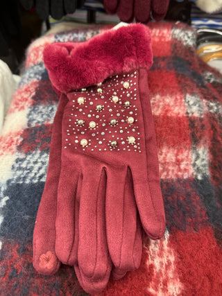 Burgundy Pearl Faux Fur Gloves