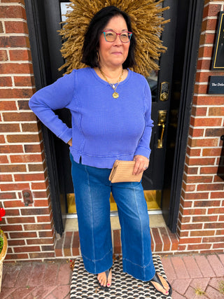 Escape by Habitat Baja Blue Waffle Knit Seamed Crewneck Top