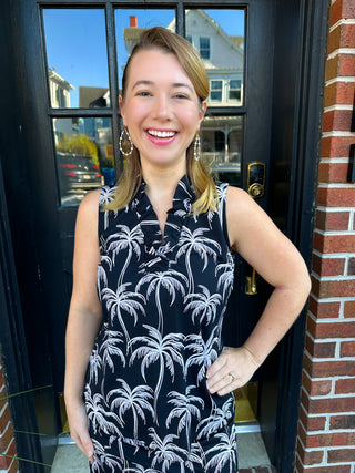 Beachtime by Lulu B Ruffle Neck Sleeveless Top Black and Stone Palms