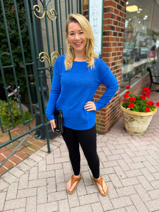 Lulu B Blue Waffle Texture 2 Pocket Tunic Sweater