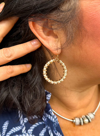 Pearl and Gold Beaded Hoop Earrings