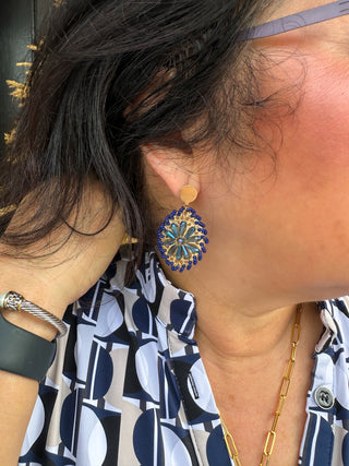 Navy Beaded Flower Earrings