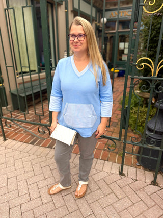 Lulu B Clear Periwinkle Stripe Trim Kangaroo Pocket V-Neck Top