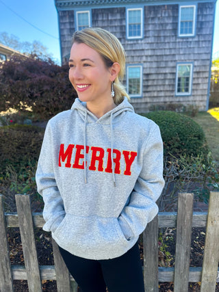 MERRY Chenille Letter Hooded Sweatshirt Grey