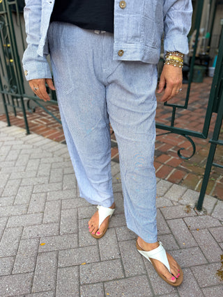 Blue Pin Stripe Printed Linen Blend Drawstring Flood Pant
