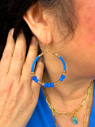 Power Blue Beaded Hoop Earrings