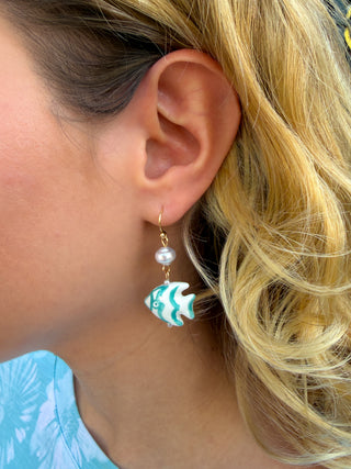 White and Aqua Fish Earrings