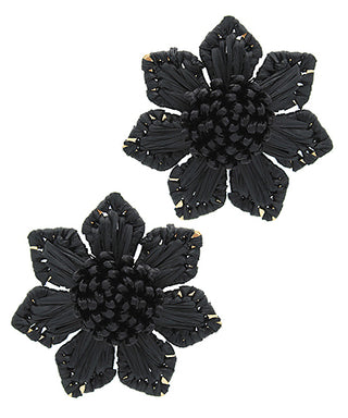 Wrapped Raffia Flower Earrings Black