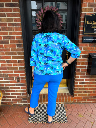 Lulu B Blue Palm Tree V-Neck 3/4 Sleeve Top